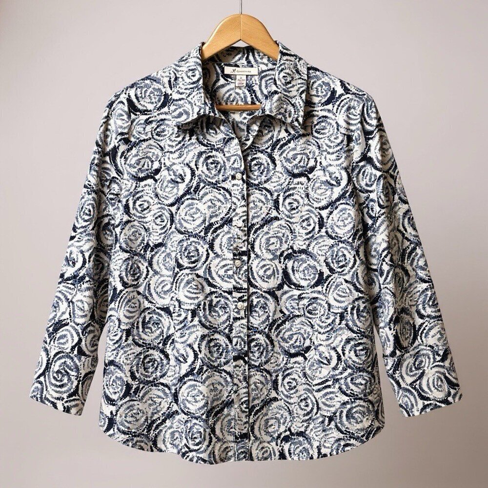 JM Collection White Navy Blue Floral 3/4 Sleeve Button Up Top Womens Size 14